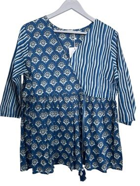 Blue Patterned Mixed-Print Women’s Pull Over Top with Drawstring Waist
